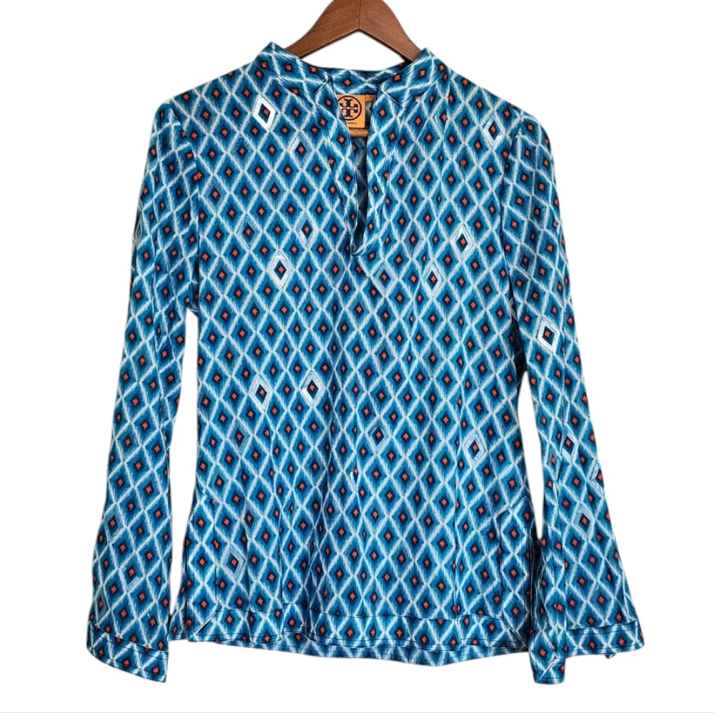 Tory Burch Blue Ikat Geometric Diamond Tunic Top-Mirrored Accents Size 4